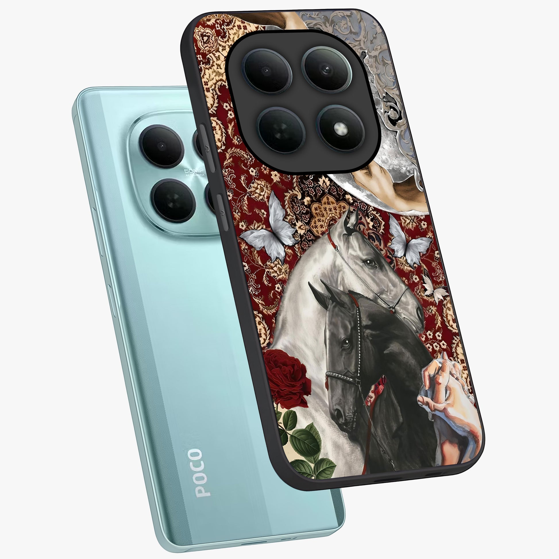 Moonlit Royal Stallion Glass Case displayed in angled mockup highlighting powerful stallion illustration with royal night aesthetic.