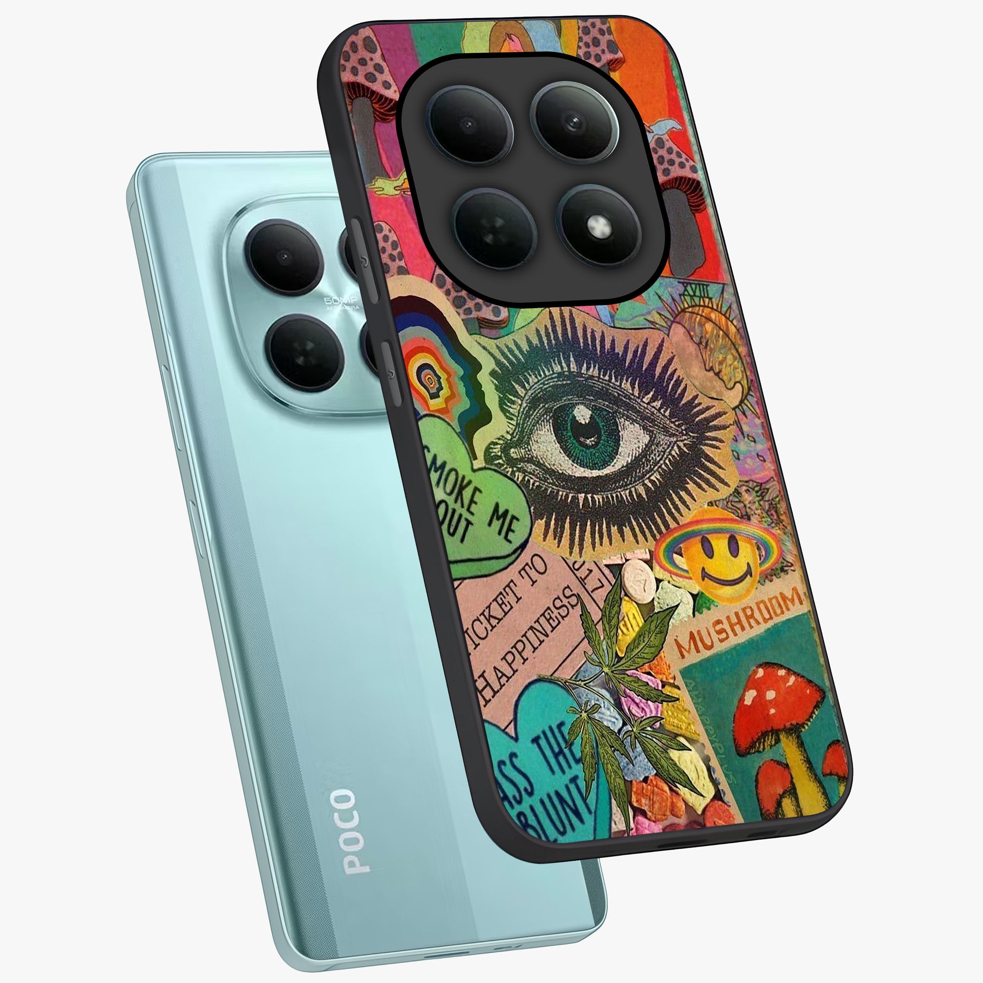 Mystic Eye Wonderland Glass Case displayed in angled mockup highlighting magical eye illustration with dreamy aesthetic.