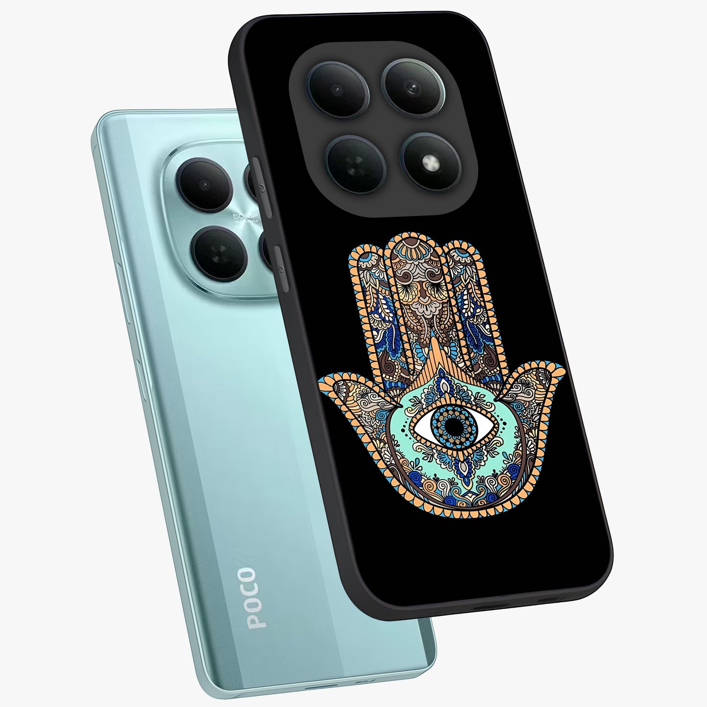 Mystic Hamsa Eye Glass Case displayed in angled mockup highlighting spiritual hamsa symbol with mystical aesthetic style.