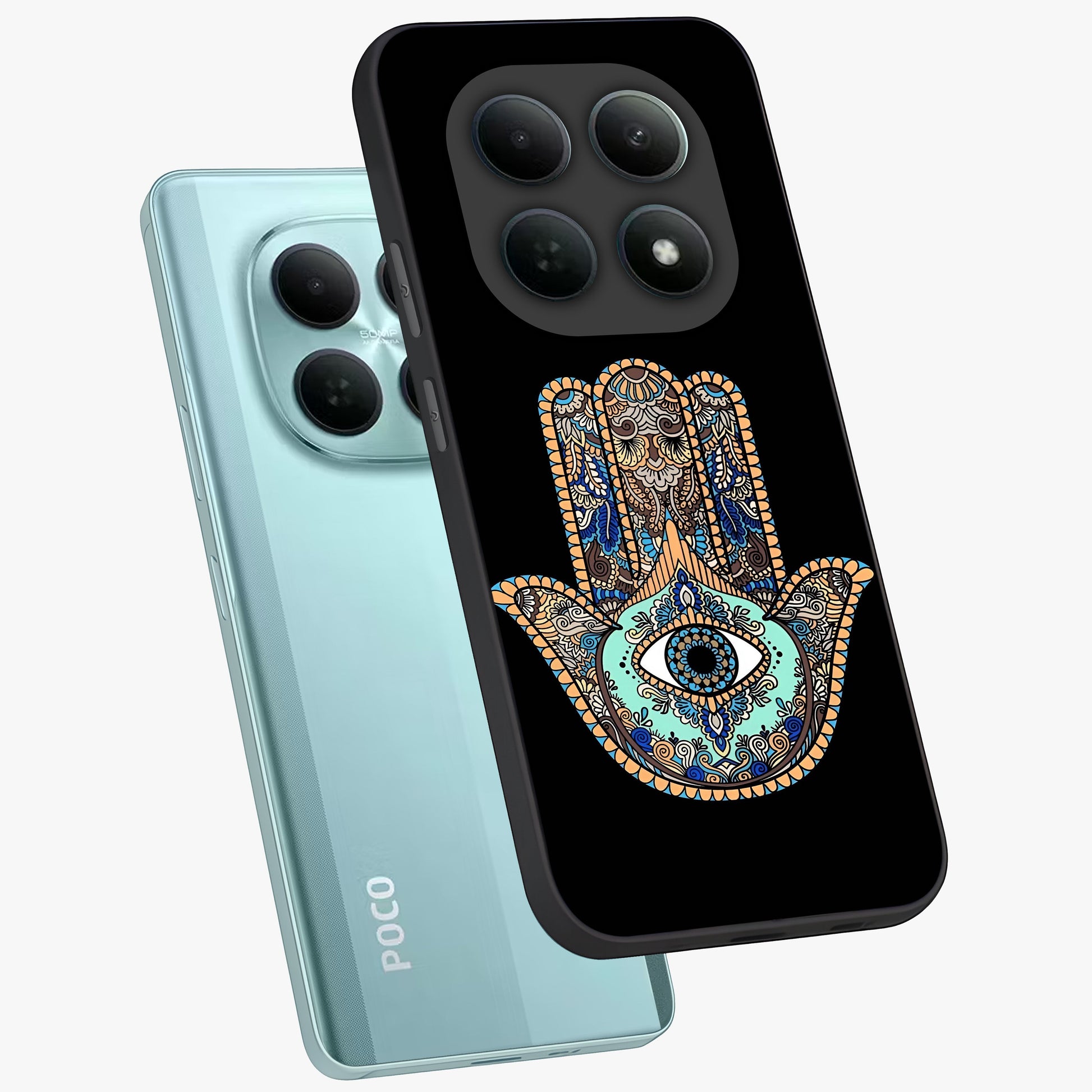 Mystic Hamsa Eye Glass Case displayed in angled mockup highlighting spiritual hamsa symbol with mystical aesthetic style.