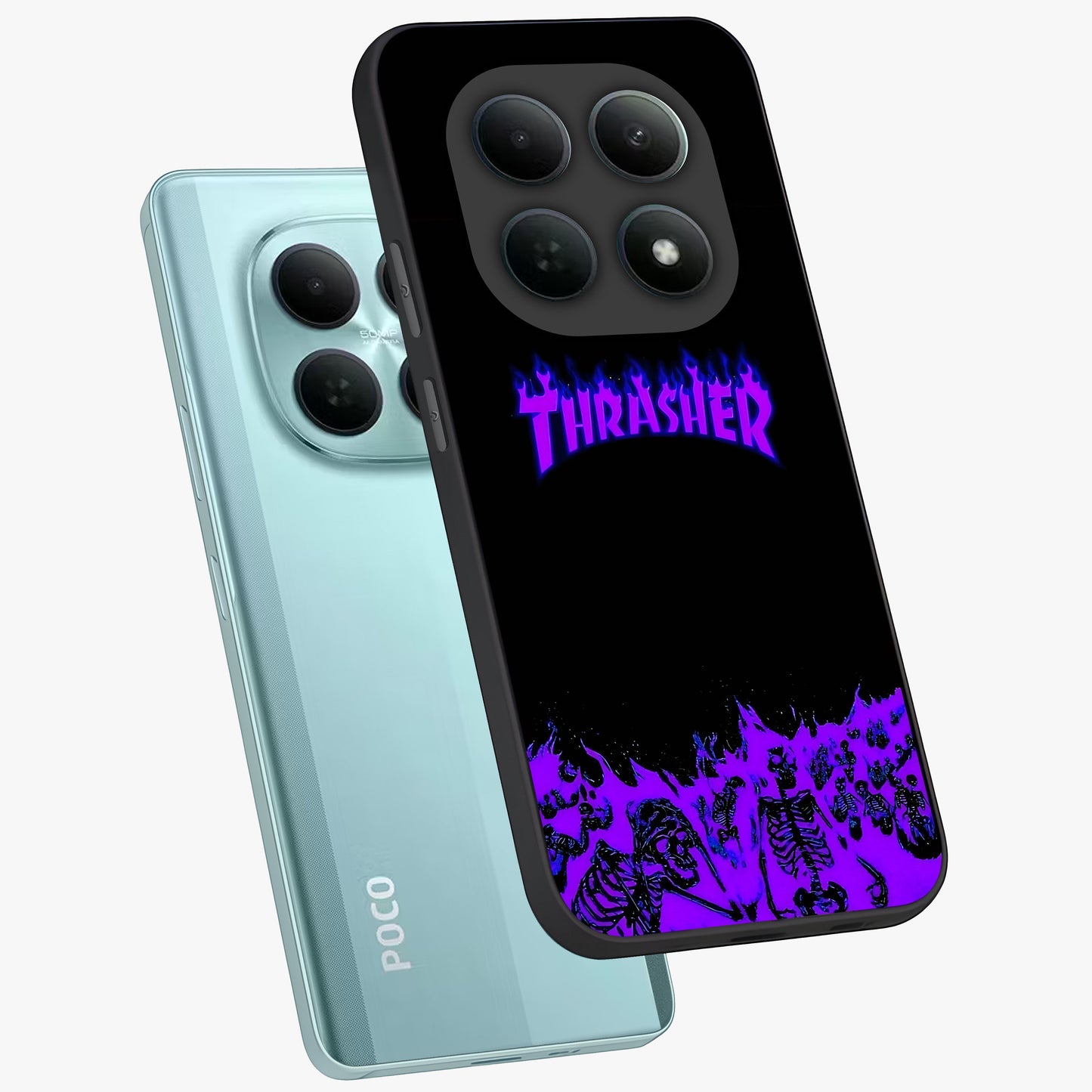 Neon Flame Riot Glass Case displayed in angled mockup highlighting glowing flame design with vibrant neon aesthetic.