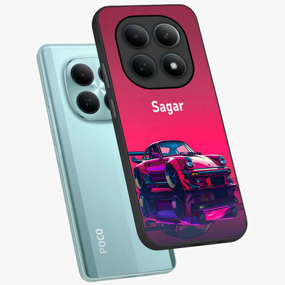 Neon Pink Porsche Glass Case displayed in angled mockup highlighting sleek neon pink car design with racing aesthetic.