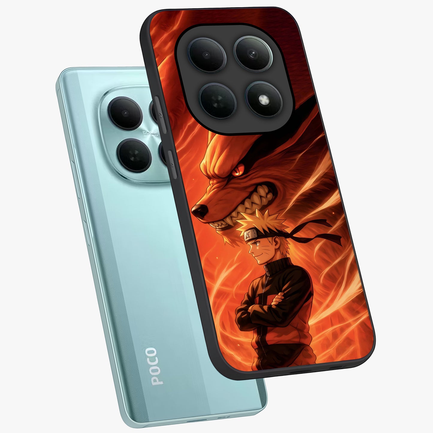 Nine Tails Legacy Glass Case displayed in angled mockup highlighting dynamic anime beast illustration with bold mystical aesthetic.