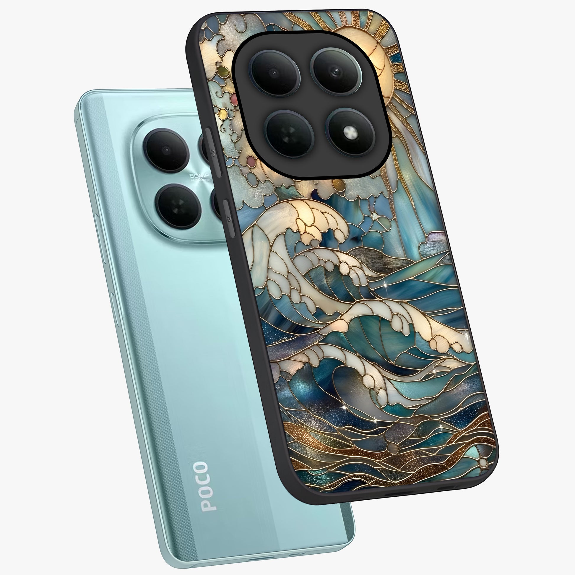 Oceanic Stained Printed Glass Case displayed in angled mockup highlighting colorful aquatic design with artistic aesthetic style.