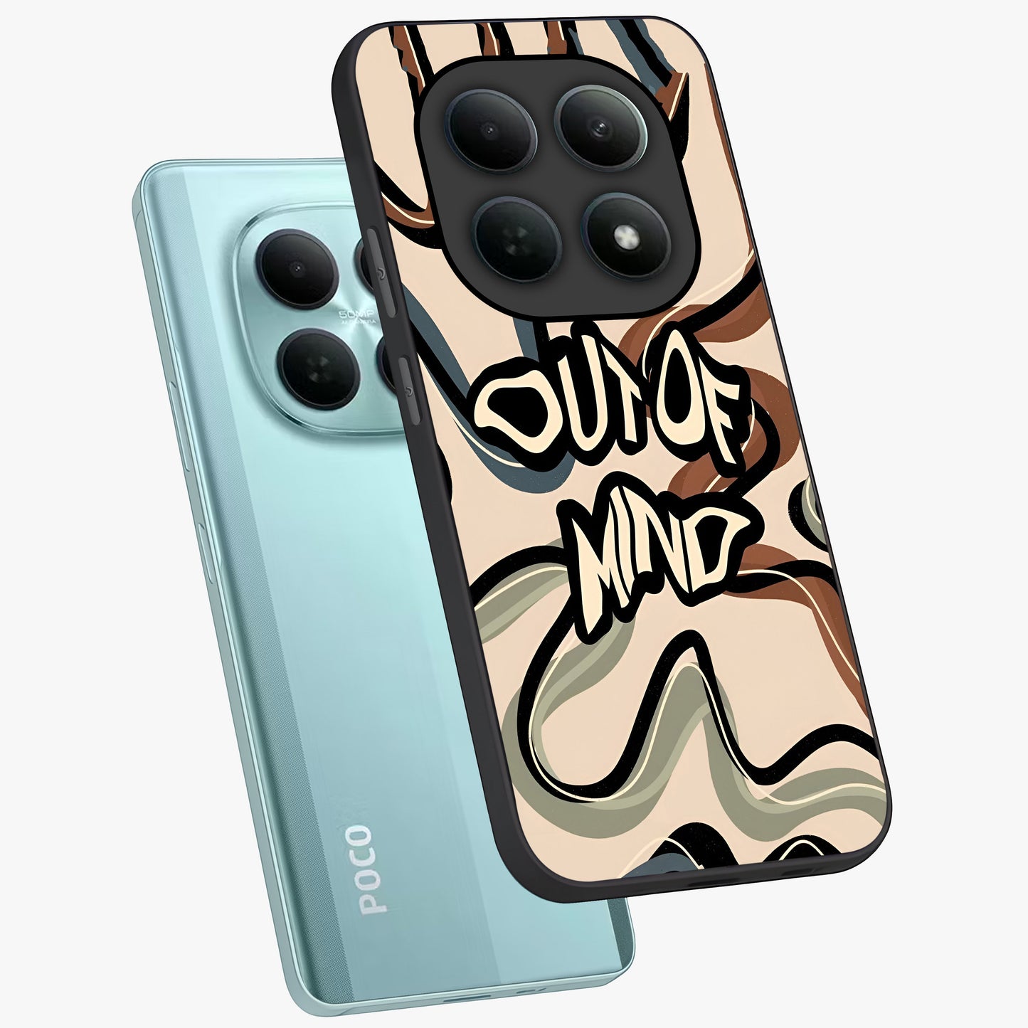 Out Of Mind Glass Case displayed in angled mockup highlighting bold statement design with modern artistic aesthetic.