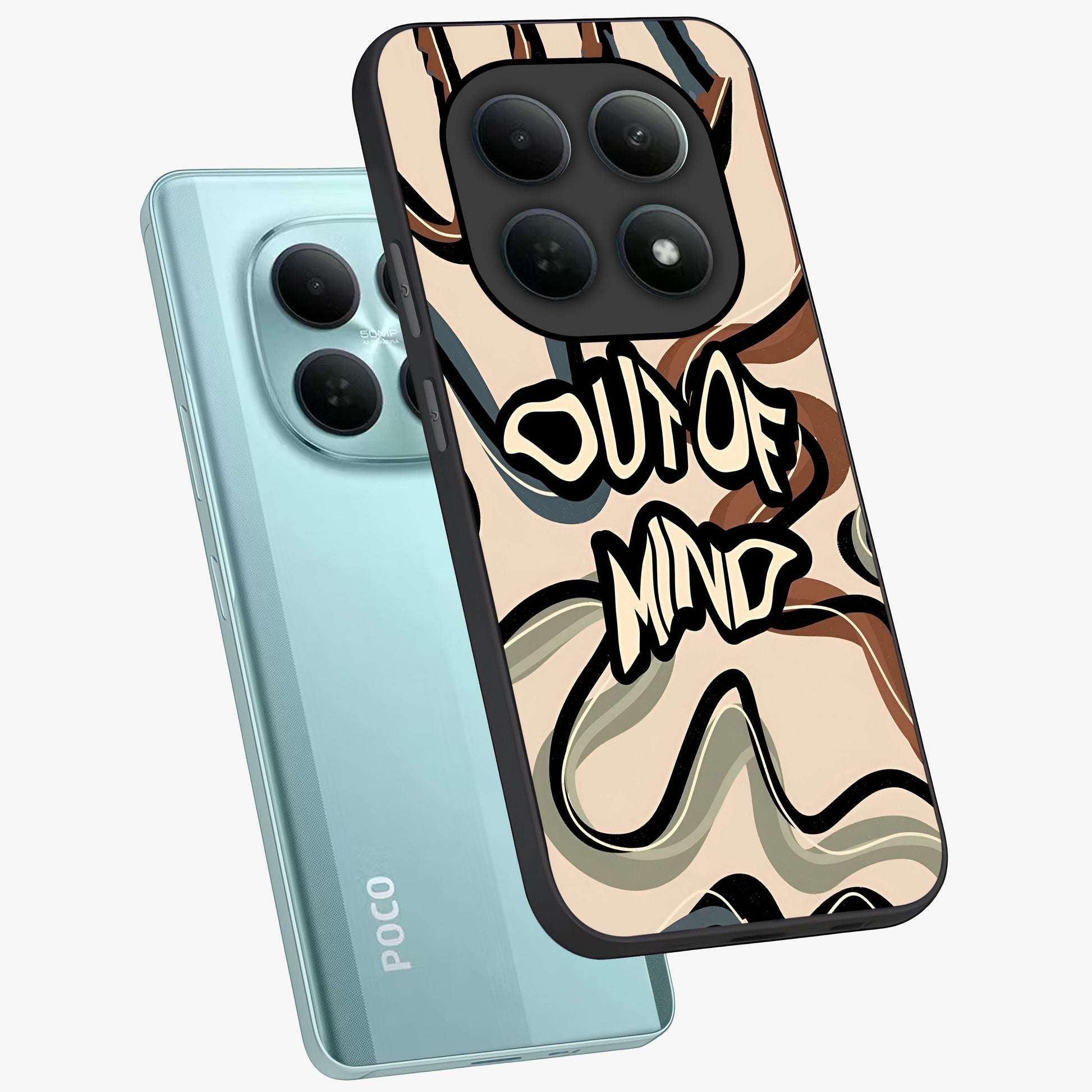 Out Of Mind Glass Case displayed in angled mockup highlighting bold statement design with modern artistic aesthetic.