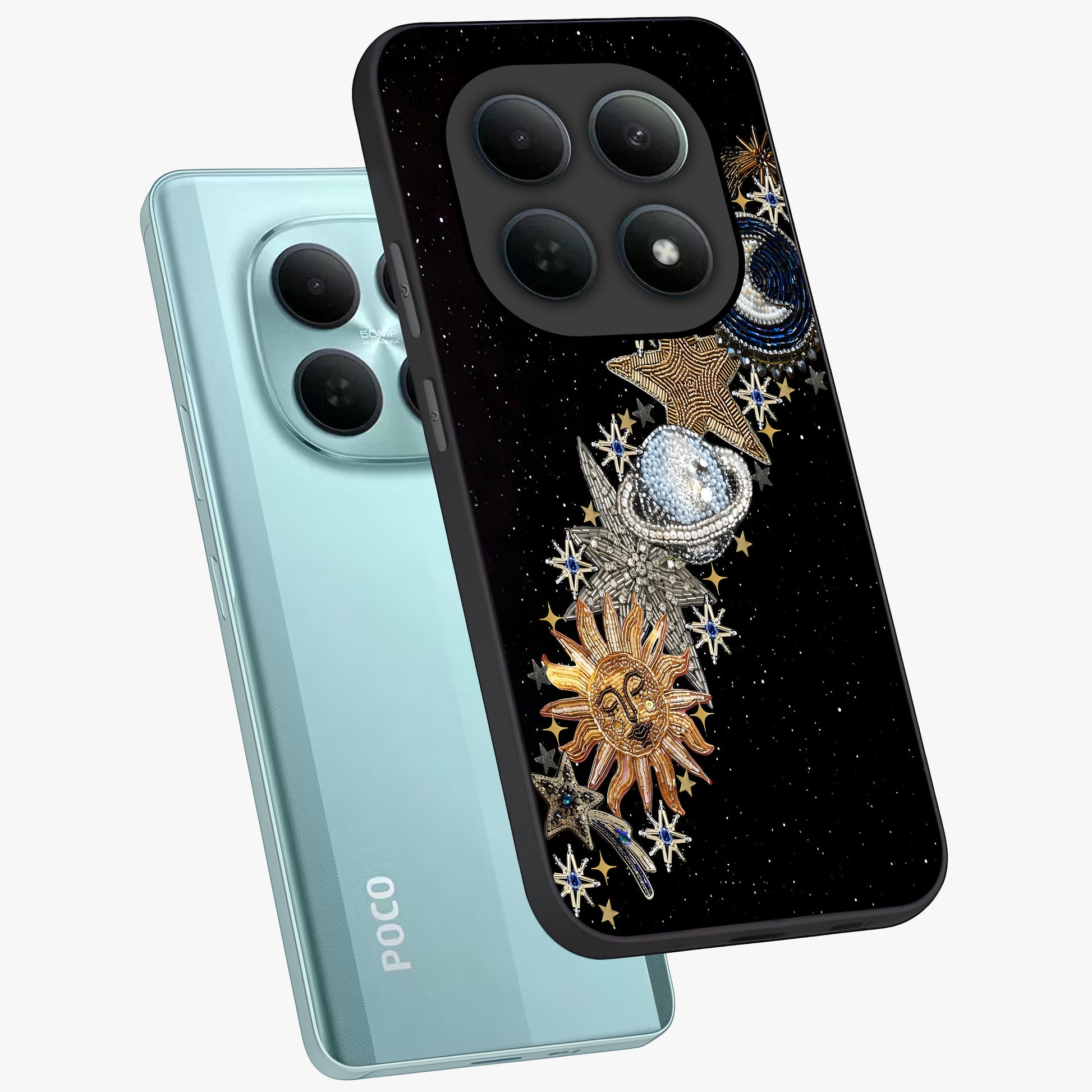 Pearls Universe Object Glass Case displayed in angled mockup highlighting celestial pearl design with dreamy aesthetic.