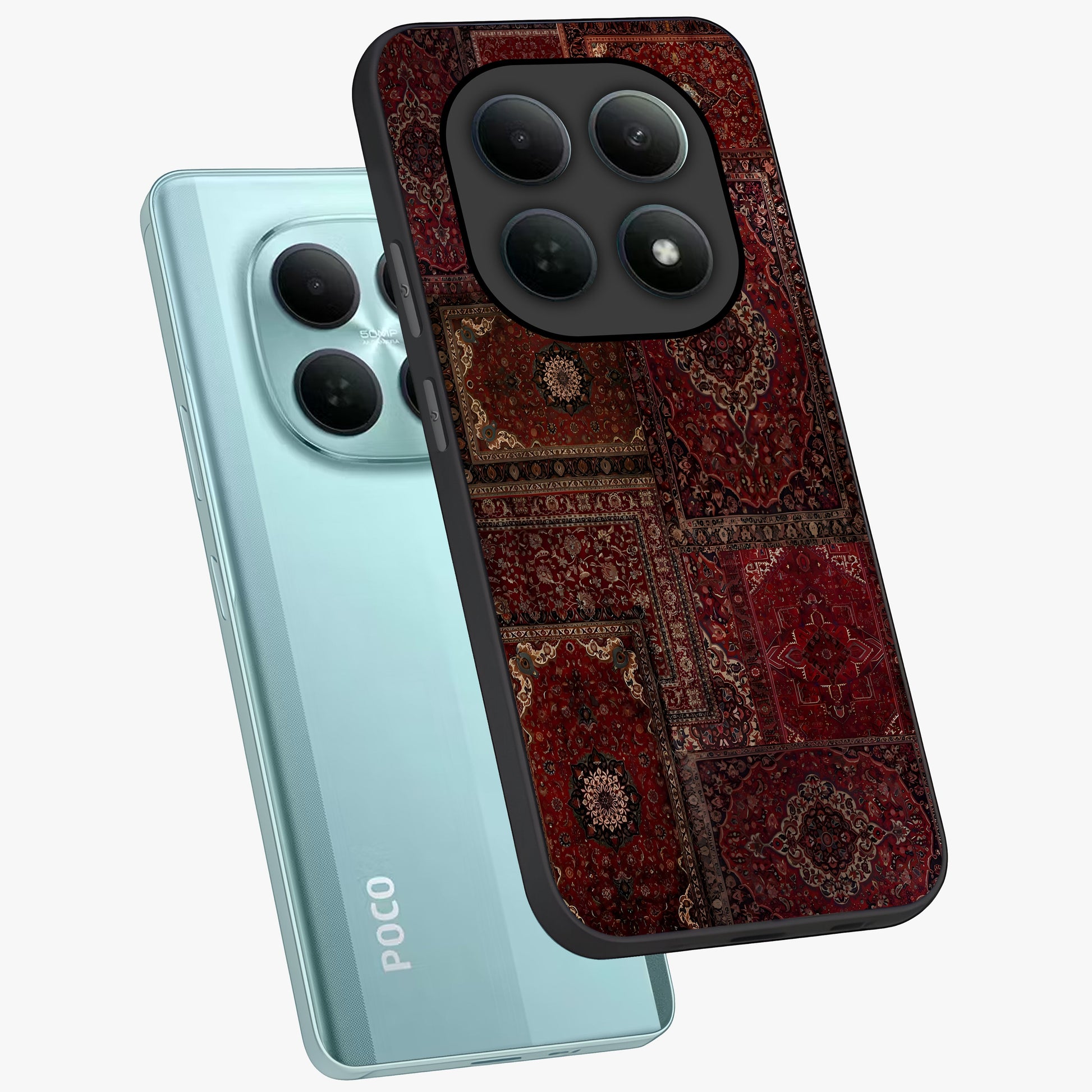 Persian Velvet Tale Glass Case displayed in angled mockup highlighting ornate textile inspired design with royal aesthetic.