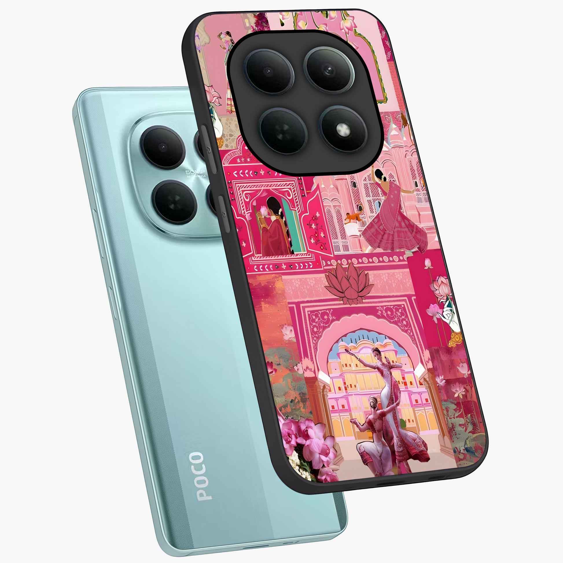 Pink Palace Muse Glass Case displayed in angled mockup highlighting dreamy palace illustration with soft pink aesthetic.