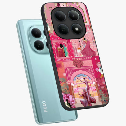 Pink Palace Muse Glass Case displayed in angled mockup highlighting dreamy palace illustration with soft pink aesthetic.