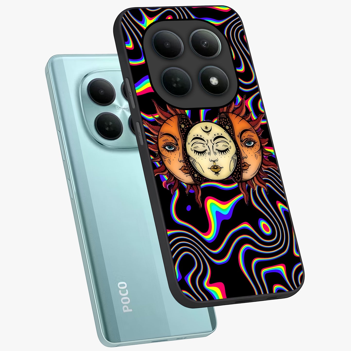 Psychedelic Sun Glass Case displayed in angled mockup highlighting vibrant abstract sun design with artistic aesthetic style.