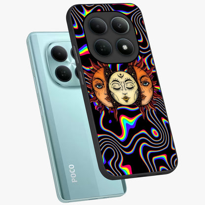 Psychedelic Sun Glass Case displayed in angled mockup highlighting vibrant abstract sun design with artistic aesthetic style.