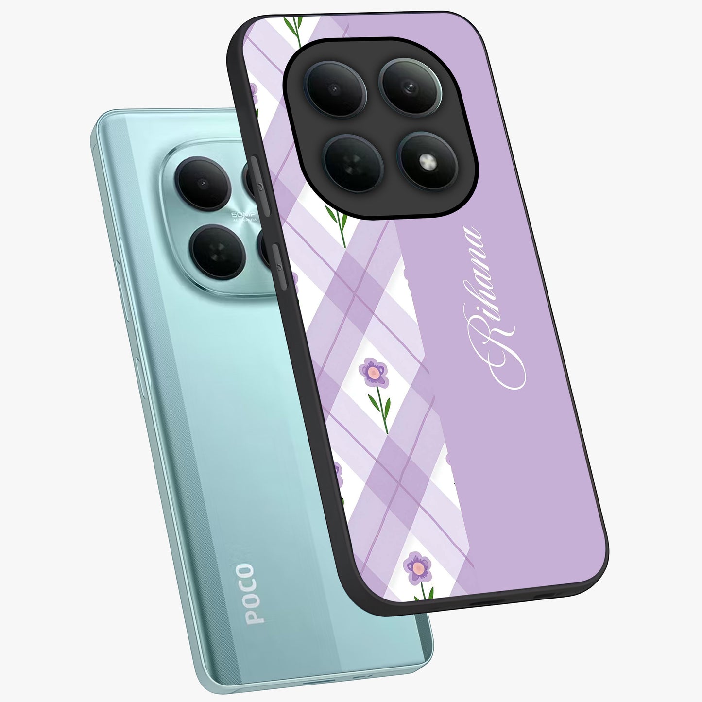 Purple Diamond Floral Glass Case displayed in angled mockup highlighting elegant purple flower design with decorative pattern.