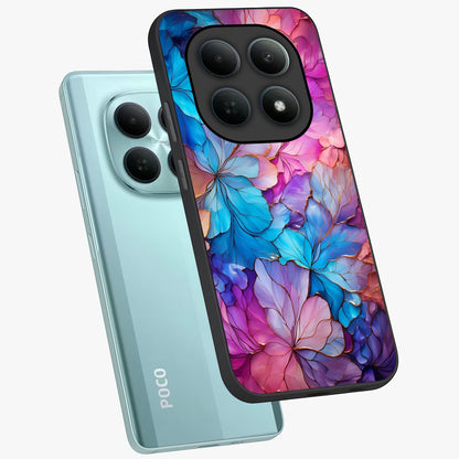 Radiant Floral Whirl Glass Case displayed in angled mockup highlighting vibrant flower pattern with dynamic artistic aesthetic.