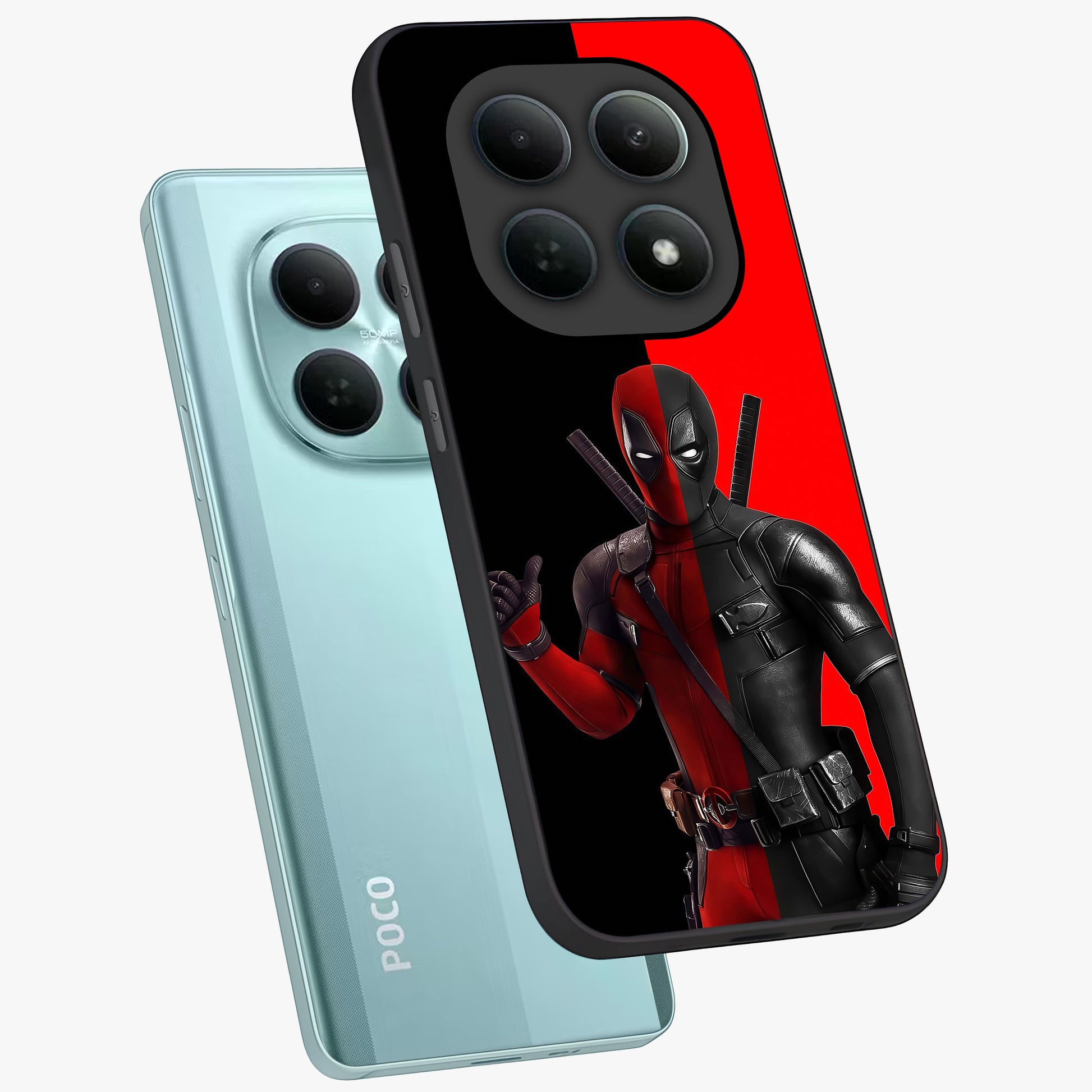 Red & Black Deadpool Theme Glass Case displayed in angled mockup highlighting vibrant superhero style illustration with action aesthetic.