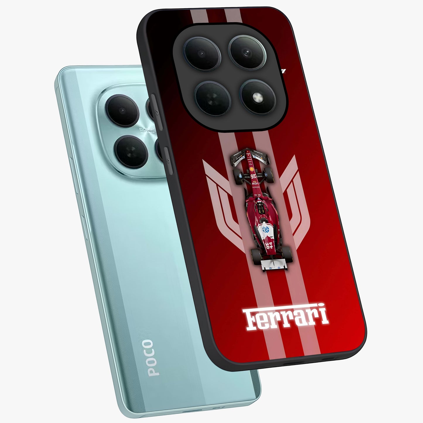 Red Ferrari F1 Vertical Glass Case displayed in angled mockup highlighting high speed racing design with bold automotive aesthetic.