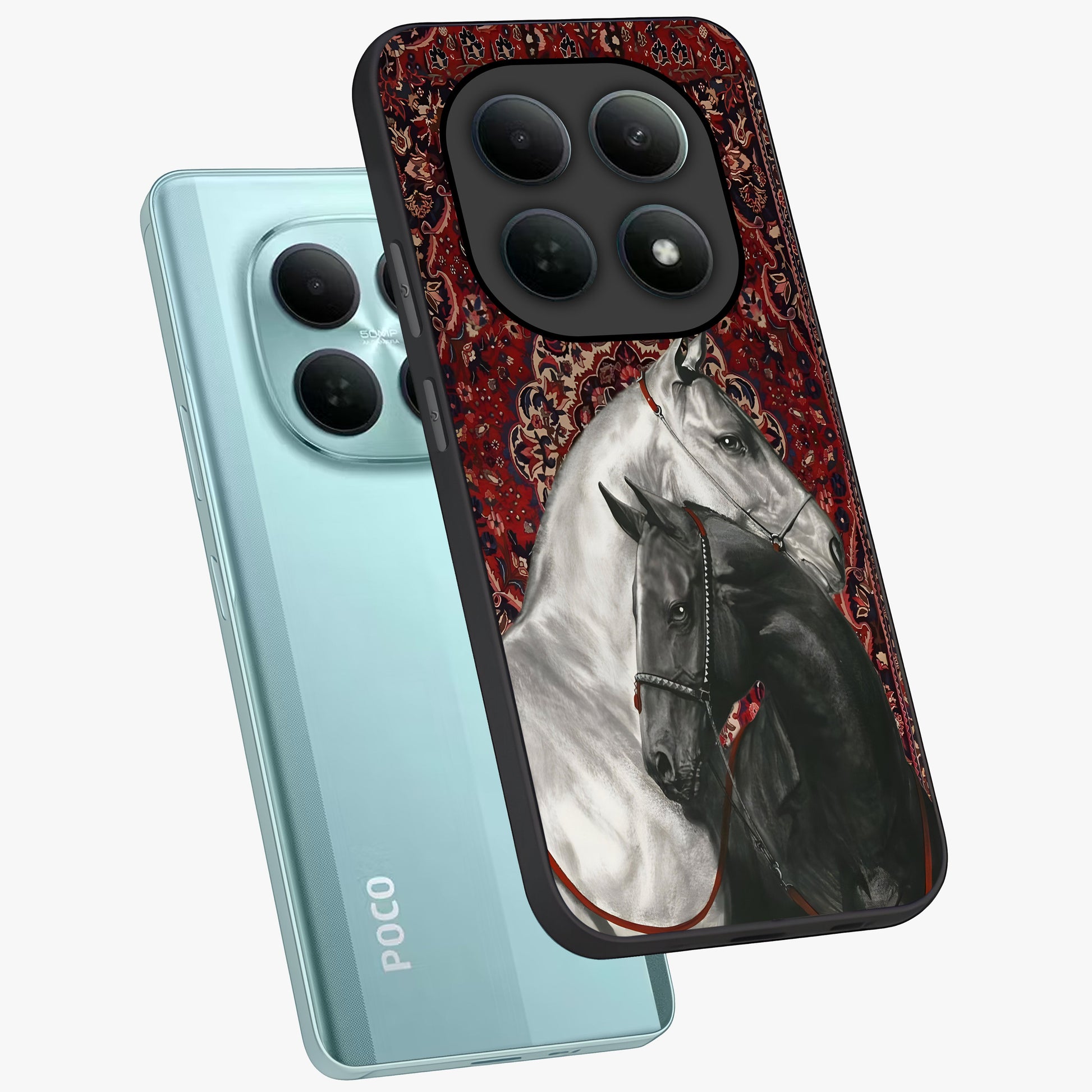 Regal Stallion Tapestry Glass Case displayed in angled mockup highlighting royal stallion design with decorative heritage aesthetic.