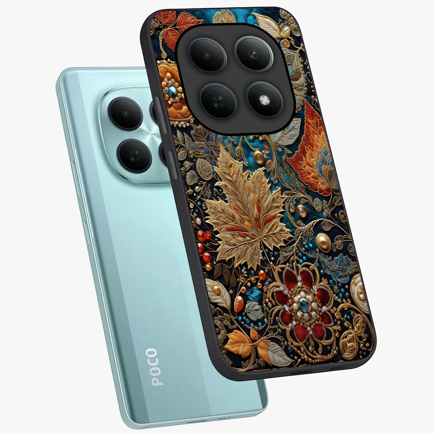 Royal Jewel Garden Glass Case displayed in angled mockup highlighting vibrant jewel inspired floral design with elegant aesthetic.
