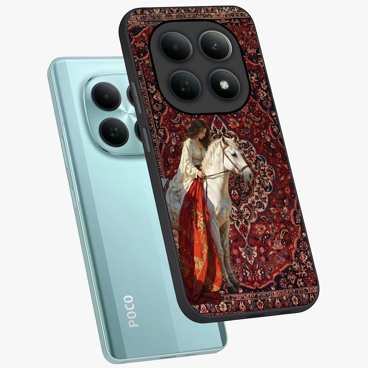 Royal Rider Tapestry Glass Case displayed in angled mockup highlighting traditional tapestry design with royal heritage aesthetic.