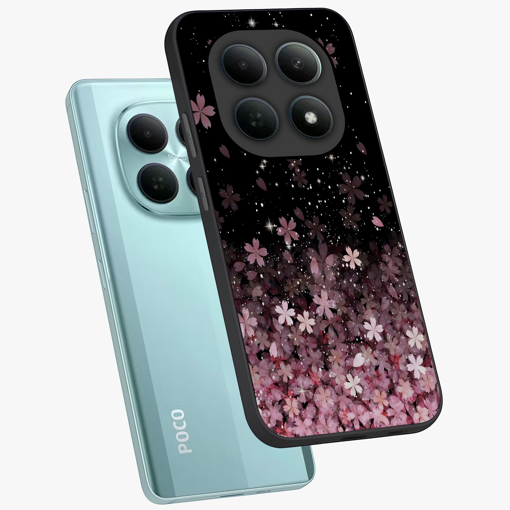 Small Starry Flowers Glass Case displayed in angled mockup highlighting tiny flower pattern with celestial aesthetic style.
