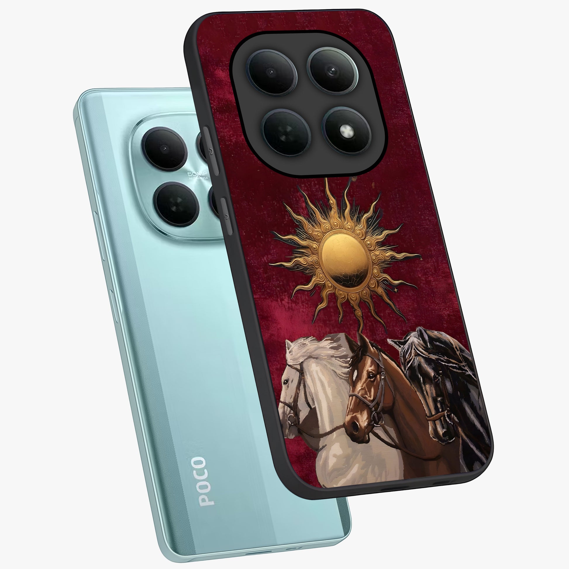 Solar Riders Glass Case displayed in angled mockup highlighting powerful rider illustration with radiant solar aesthetic.