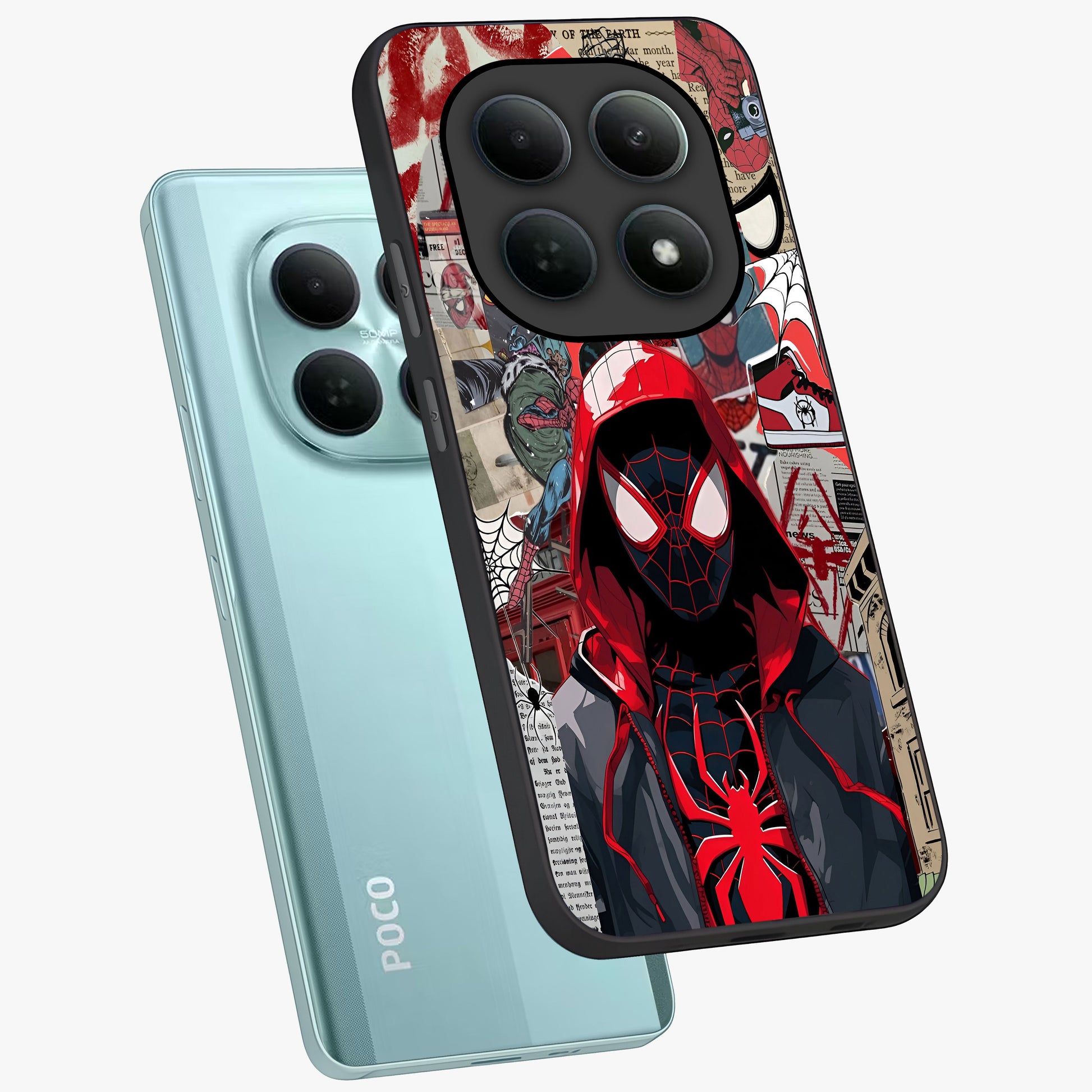 Spider Collage Street Glass Case displayed in angled mockup highlighting dynamic street style collage design with comic aesthetic.