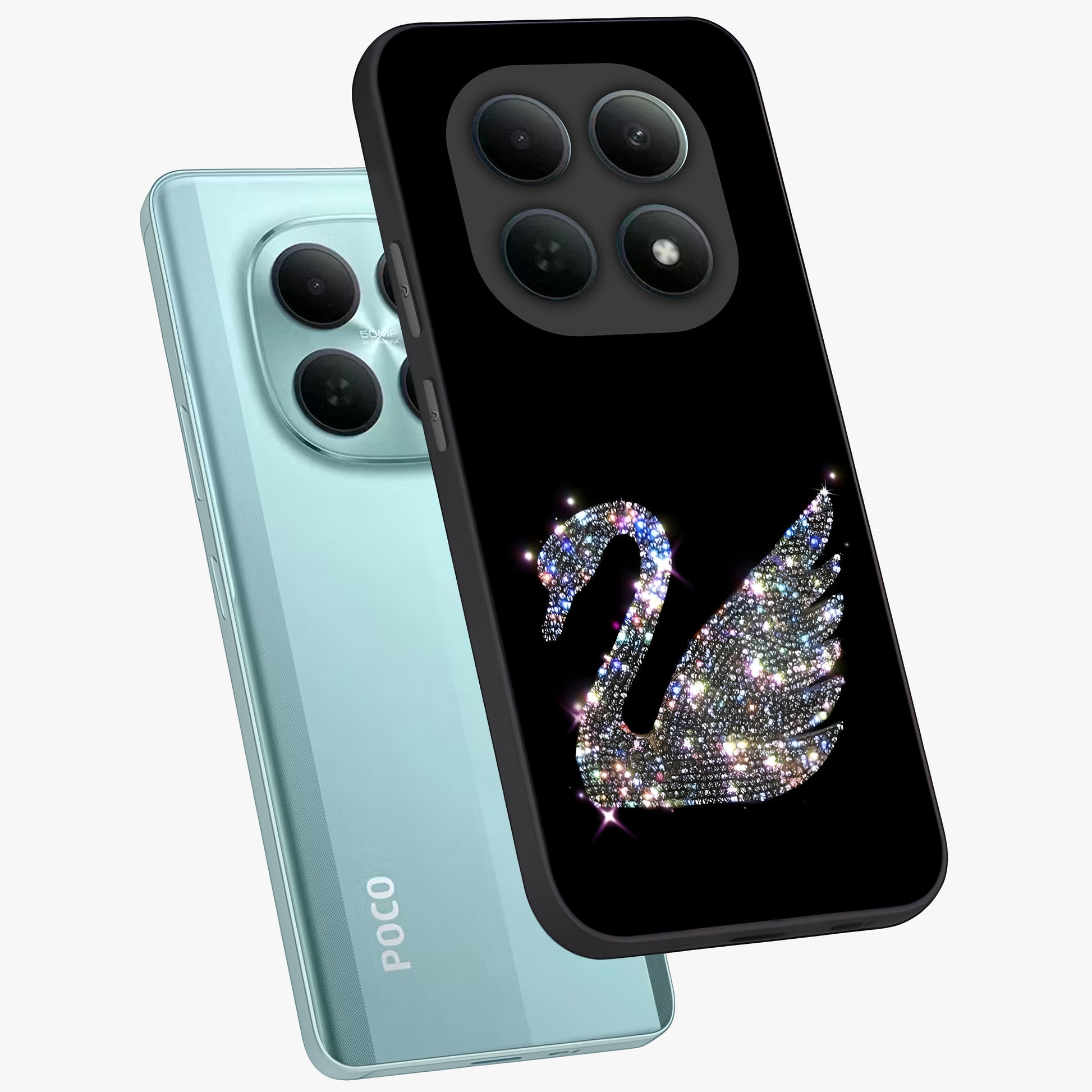 Starlit Swan Grace Glass Case displayed in angled mockup highlighting elegant swan illustration with dreamy celestial aesthetic.