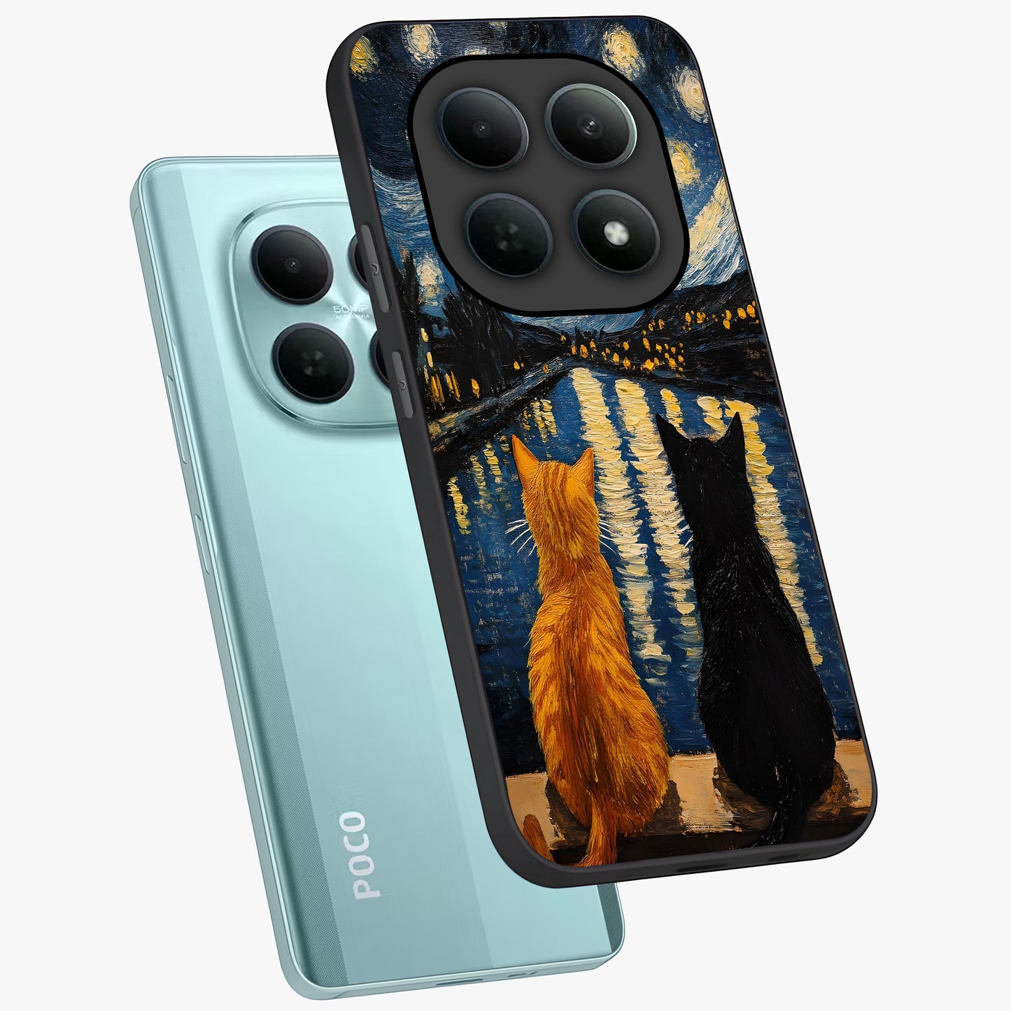 Starry River Cats Glass Case displayed in angled mockup highlighting charming feline illustration with dreamy night aesthetic.