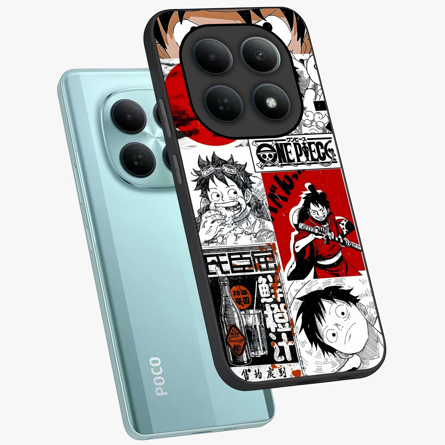 Strawhat Chaos Panels Glass Case displayed in angled mockup highlighting vibrant anime collage design with action aesthetic.