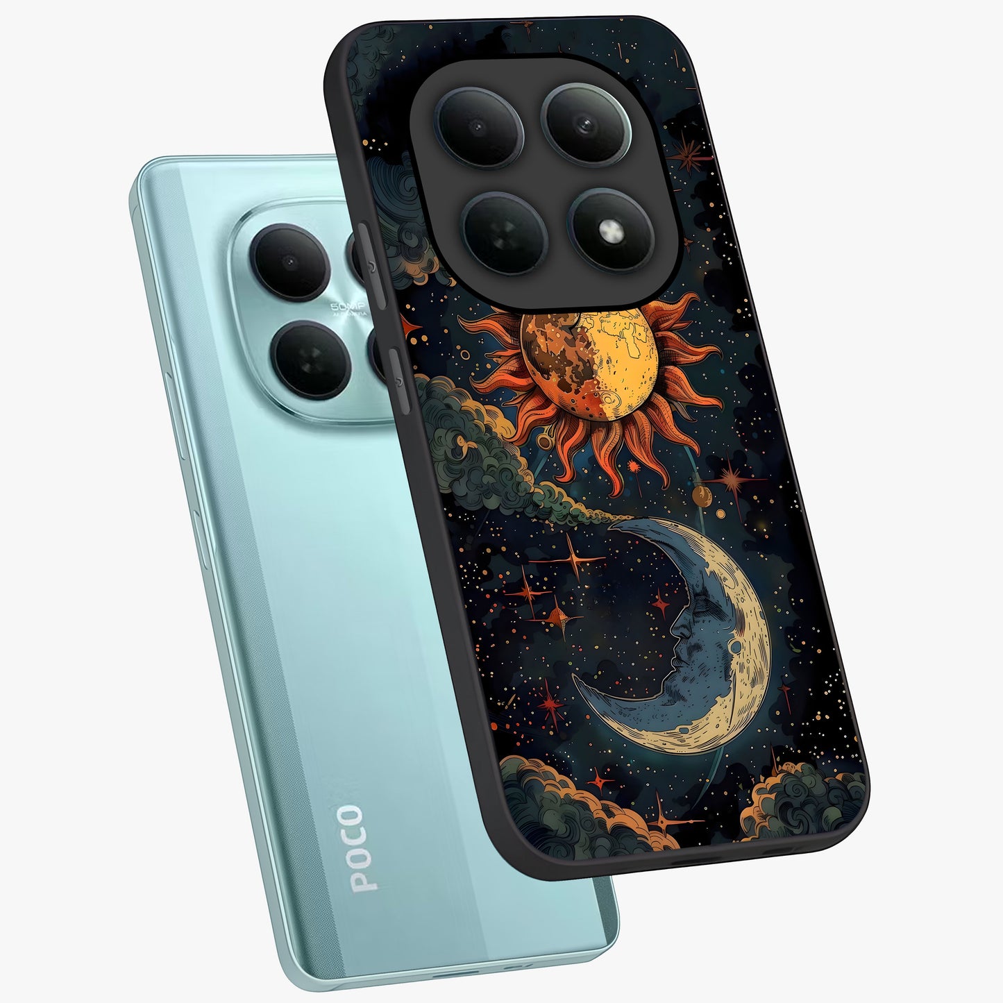 Sun And Moon Magic Design Glass Case displayed in angled mockup highlighting celestial design with magical cosmic aesthetic.
