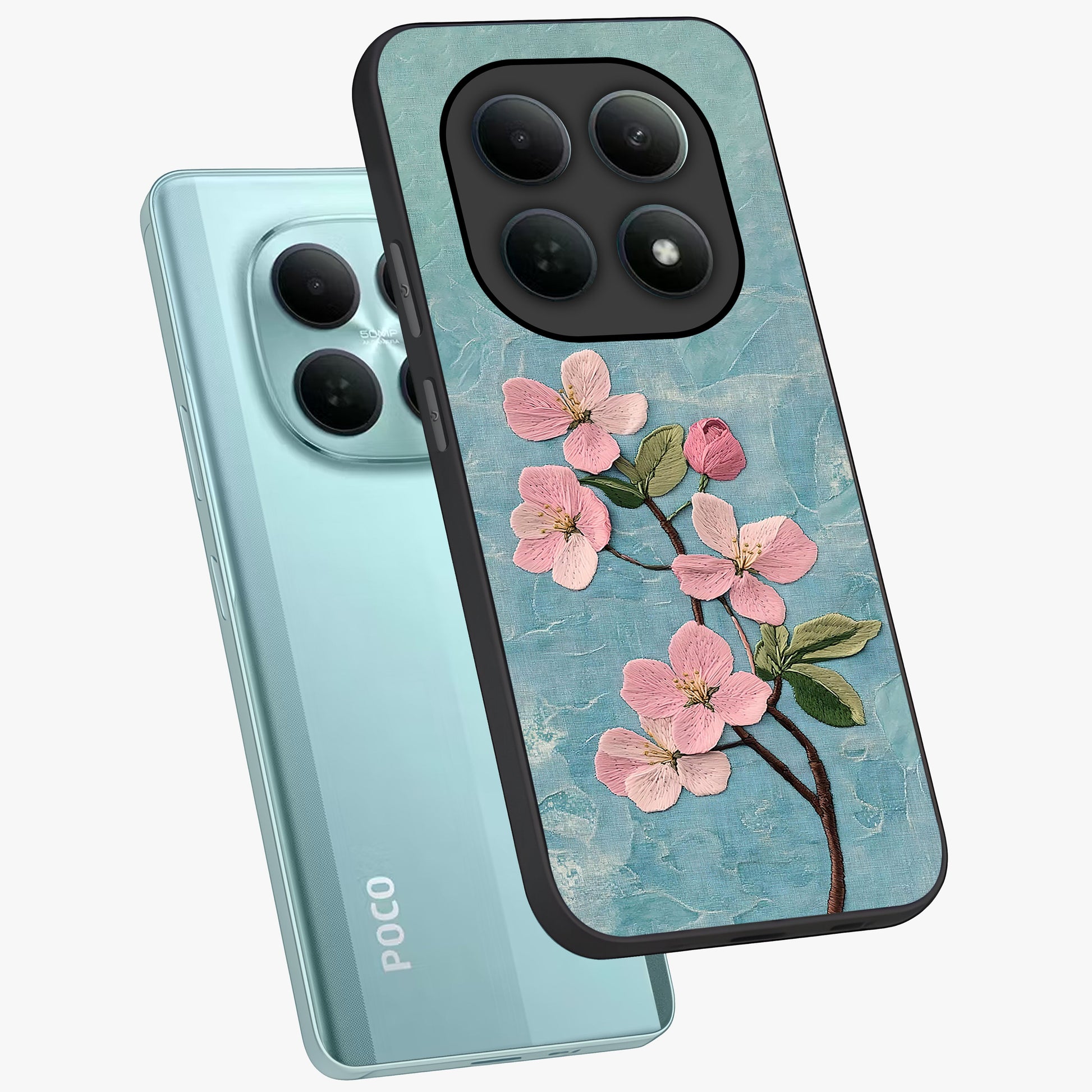 Threaded Blossom Breeze Glass Case displayed in angled mockup highlighting elegant floral design with soft aesthetic style.