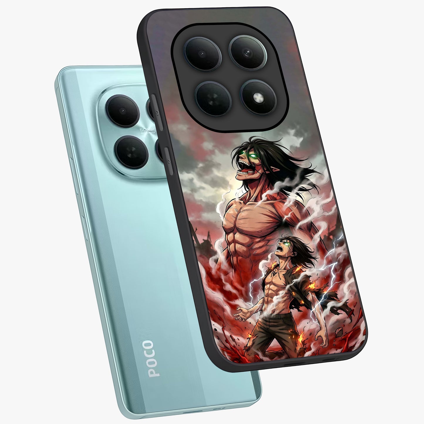 Titan Awakening Fury Glass Case displayed in angled mockup highlighting dramatic giant warrior design with bold anime aesthetic.