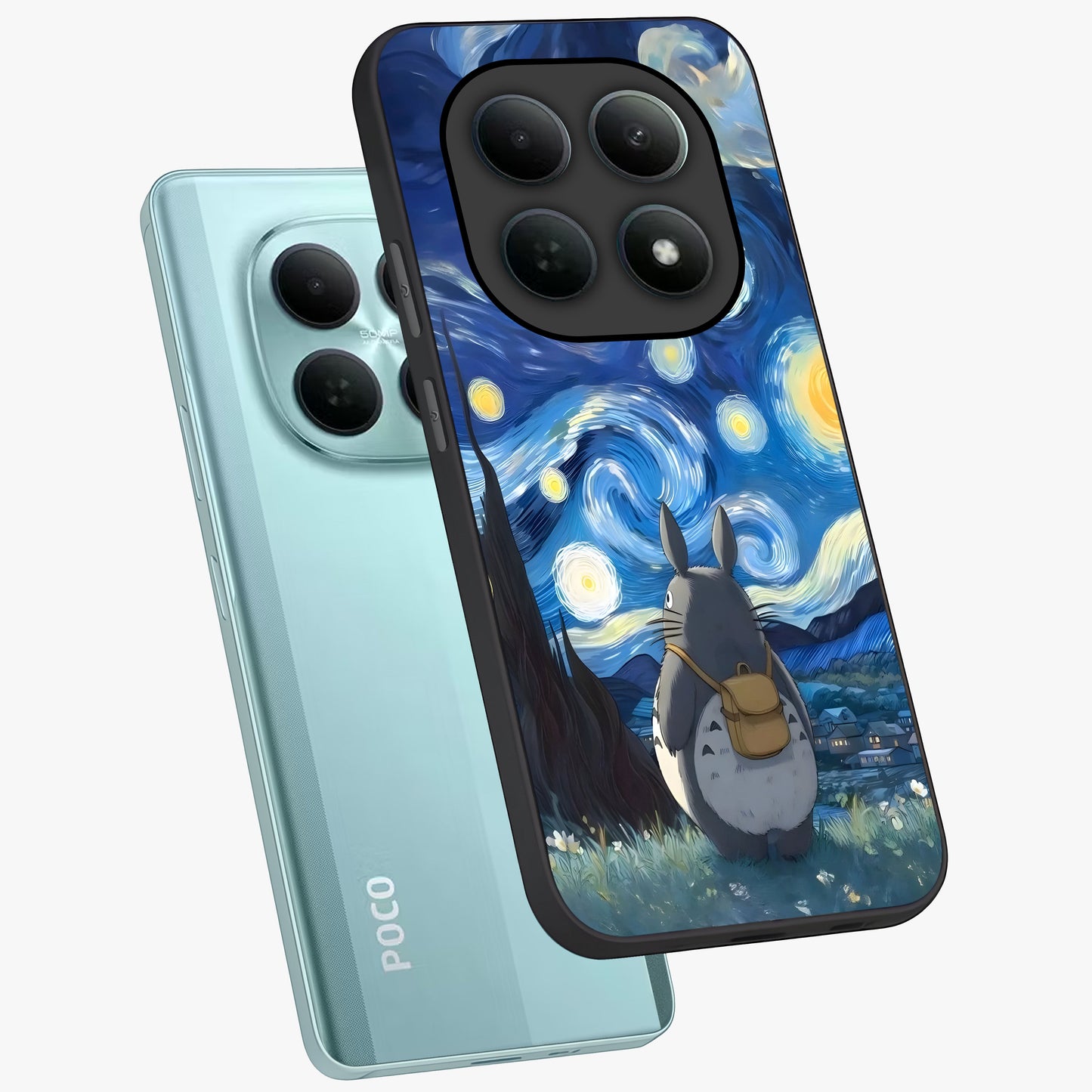 Totoro In Van Gogh Art Glass Case displayed in angled mockup highlighting artistic swirling sky design with playful animation aesthetic.