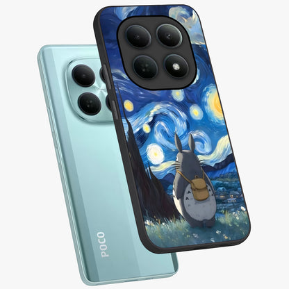Totoro In Van Gogh Art Glass Case displayed in angled mockup highlighting artistic swirling sky design with playful animation aesthetic.
