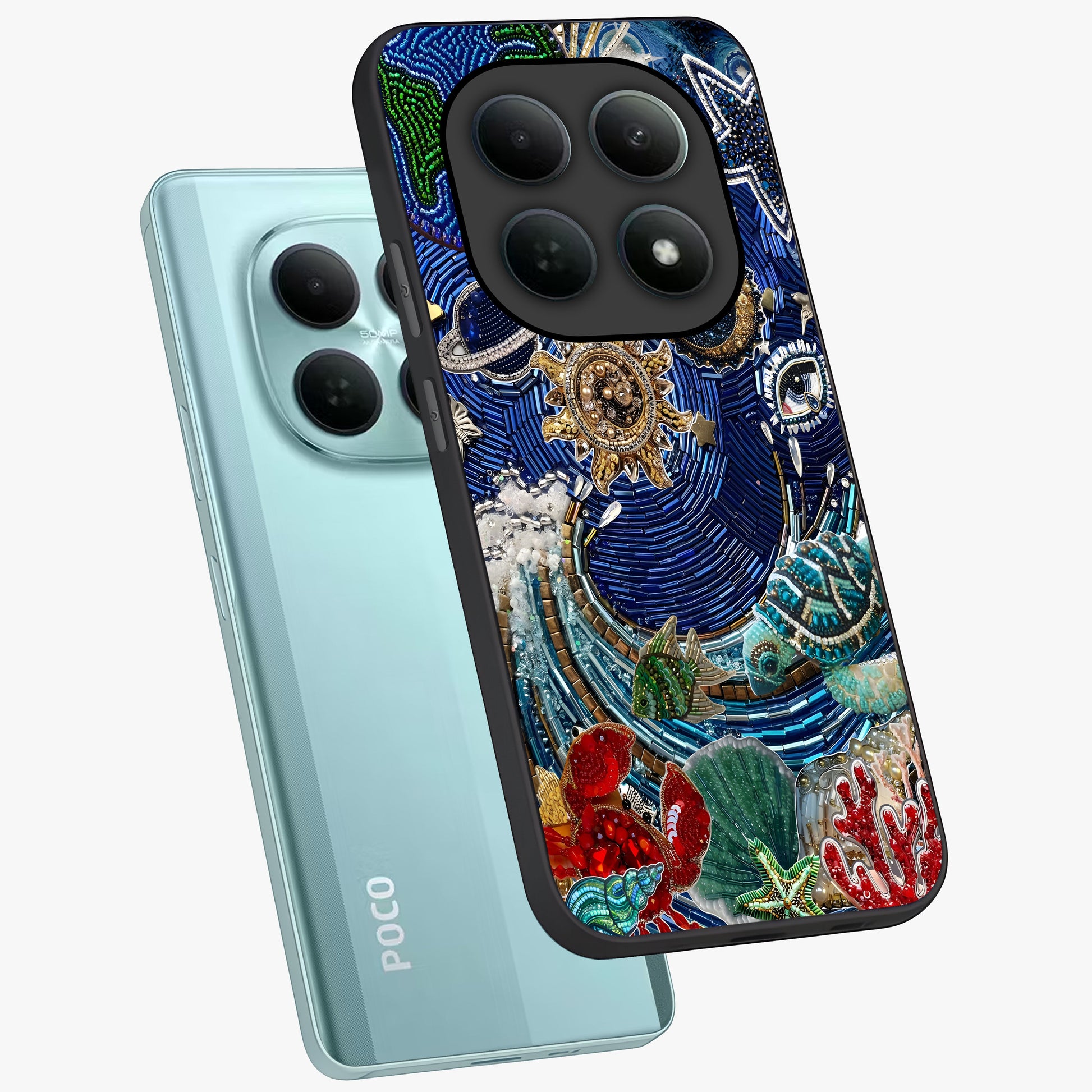 Universe Underwater Spark Glass Case displayed in angled mockup highlighting glowing aquatic design with celestial aesthetic.