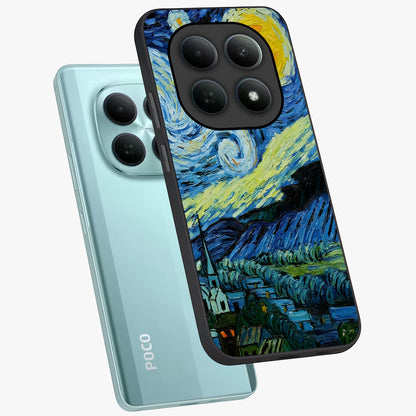 Van Gogh Art Glass Case displayed in angled mockup highlighting swirling brushstroke design with artistic aesthetic.