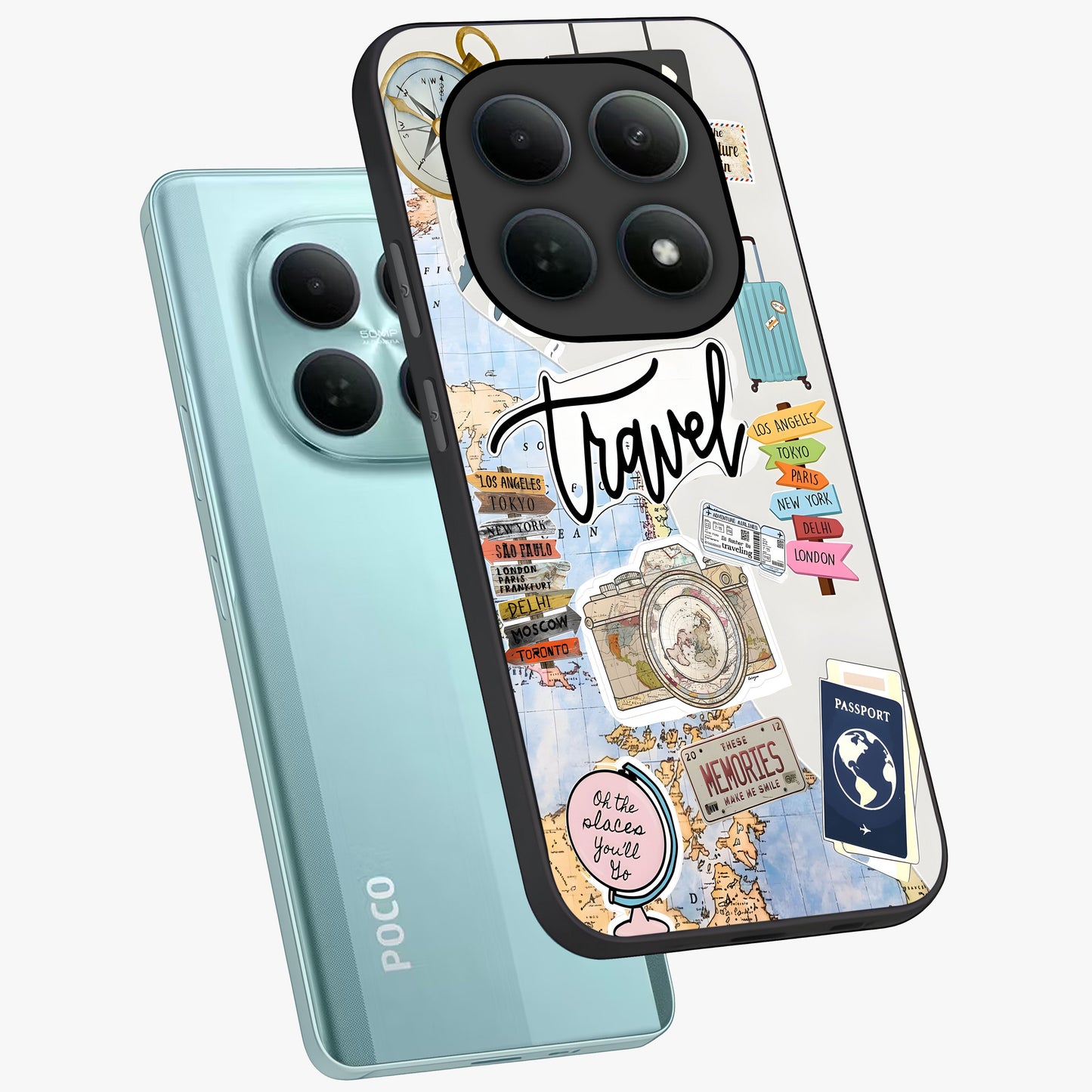 Wanderlust Journal Glass Case displayed in angled mockup highlighting adventure themed design with aesthetic travel vibe.