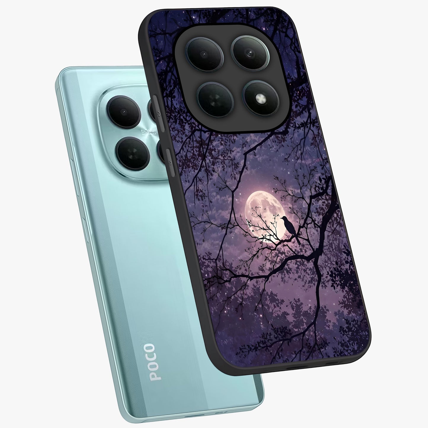 Whispering Moon Silence Glass Case displayed in angled mockup highlighting calm lunar design with dreamy night aesthetic.