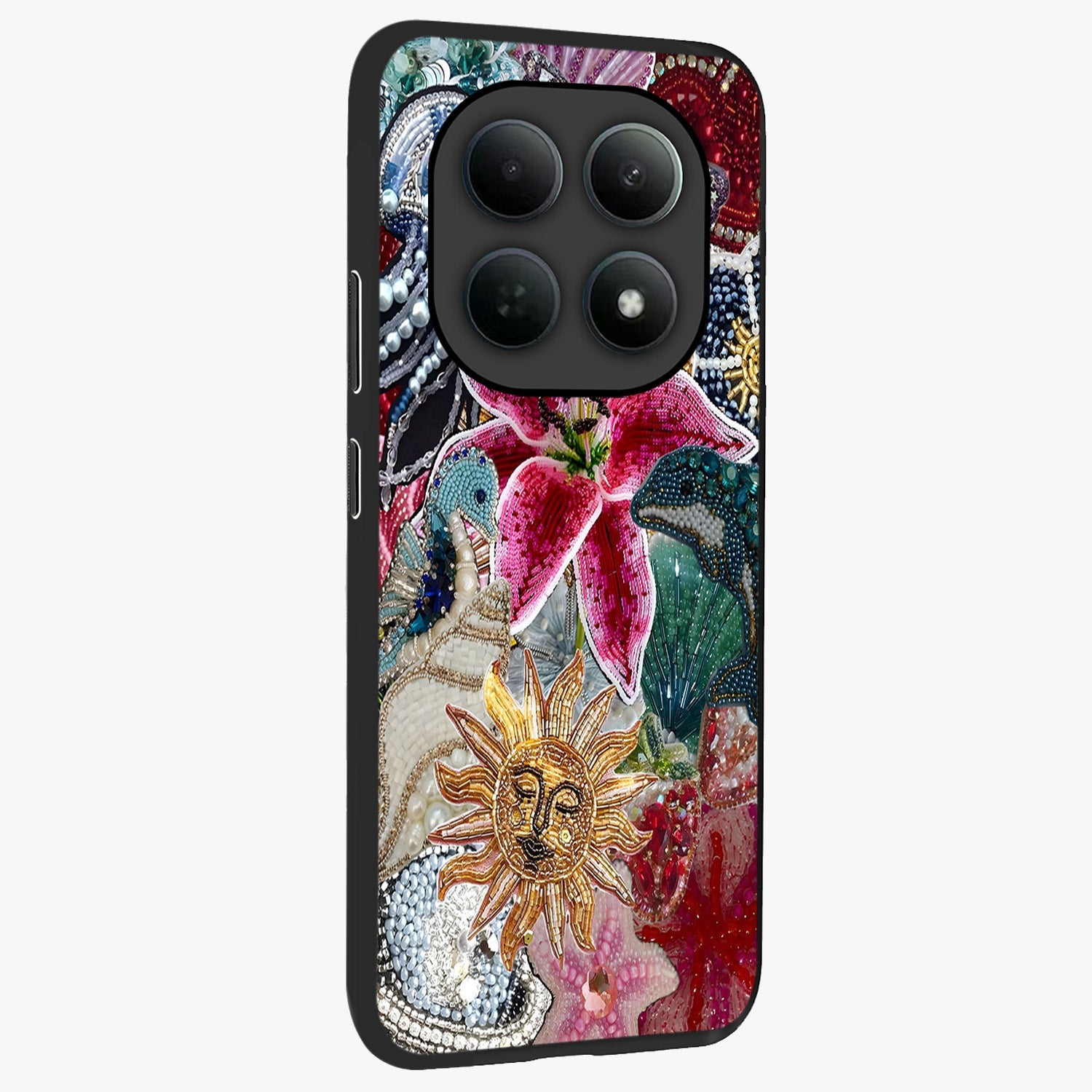 Beaded Garden Fantasy Glass Case upright view showcasing whimsical garden aesthetic with artistic bead details.