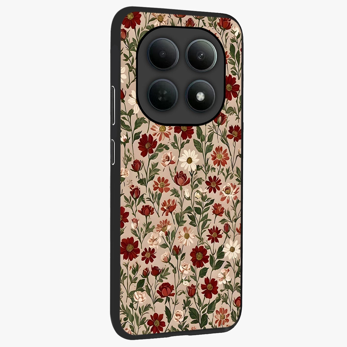 Biege Flower With Leaf Glass Case upright view showcasing delicate beige flower illustration with clean botanical style.