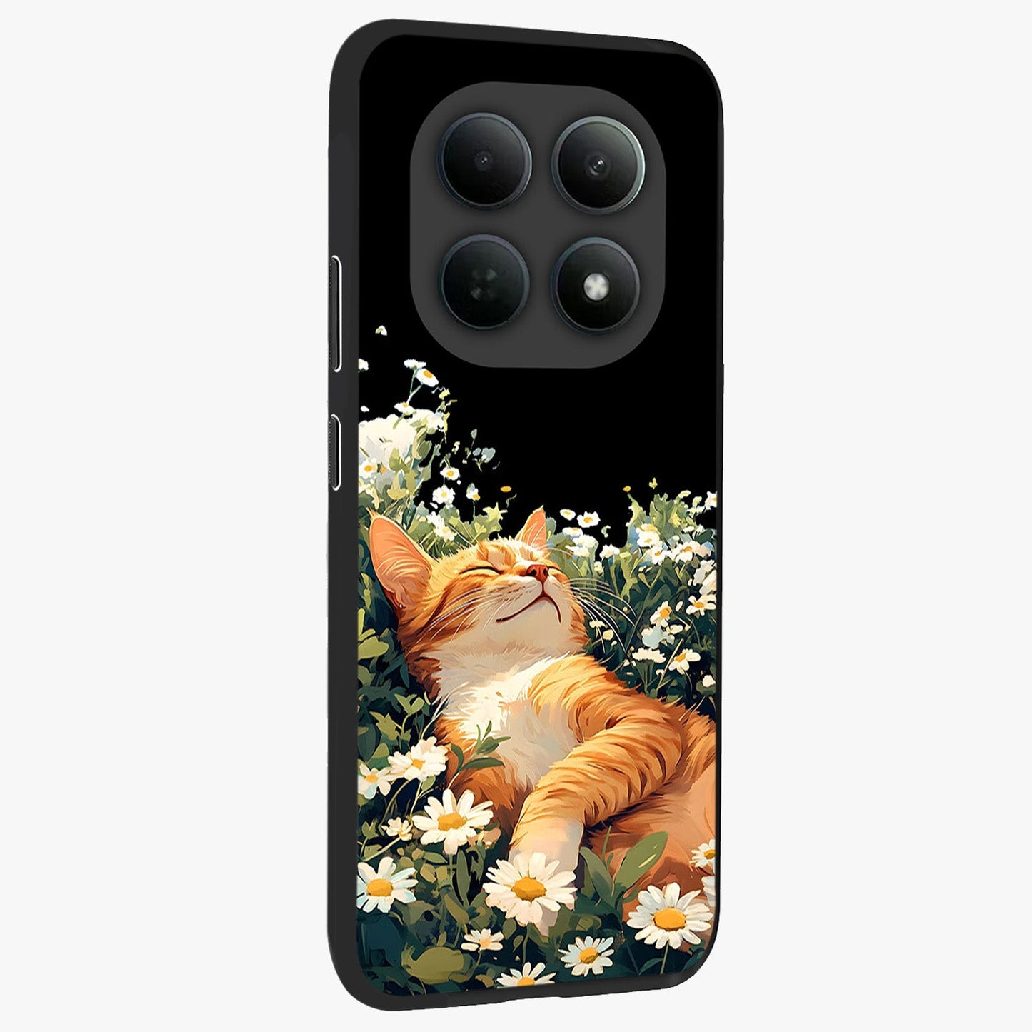 Blissful Bloom Cat Glass Case upright view showcasing charming cat design surrounded by blooming floral elements.