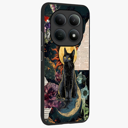 Celestial Black Cat Glass Case upright view showcasing magical black cat illustration with starry cosmic theme.