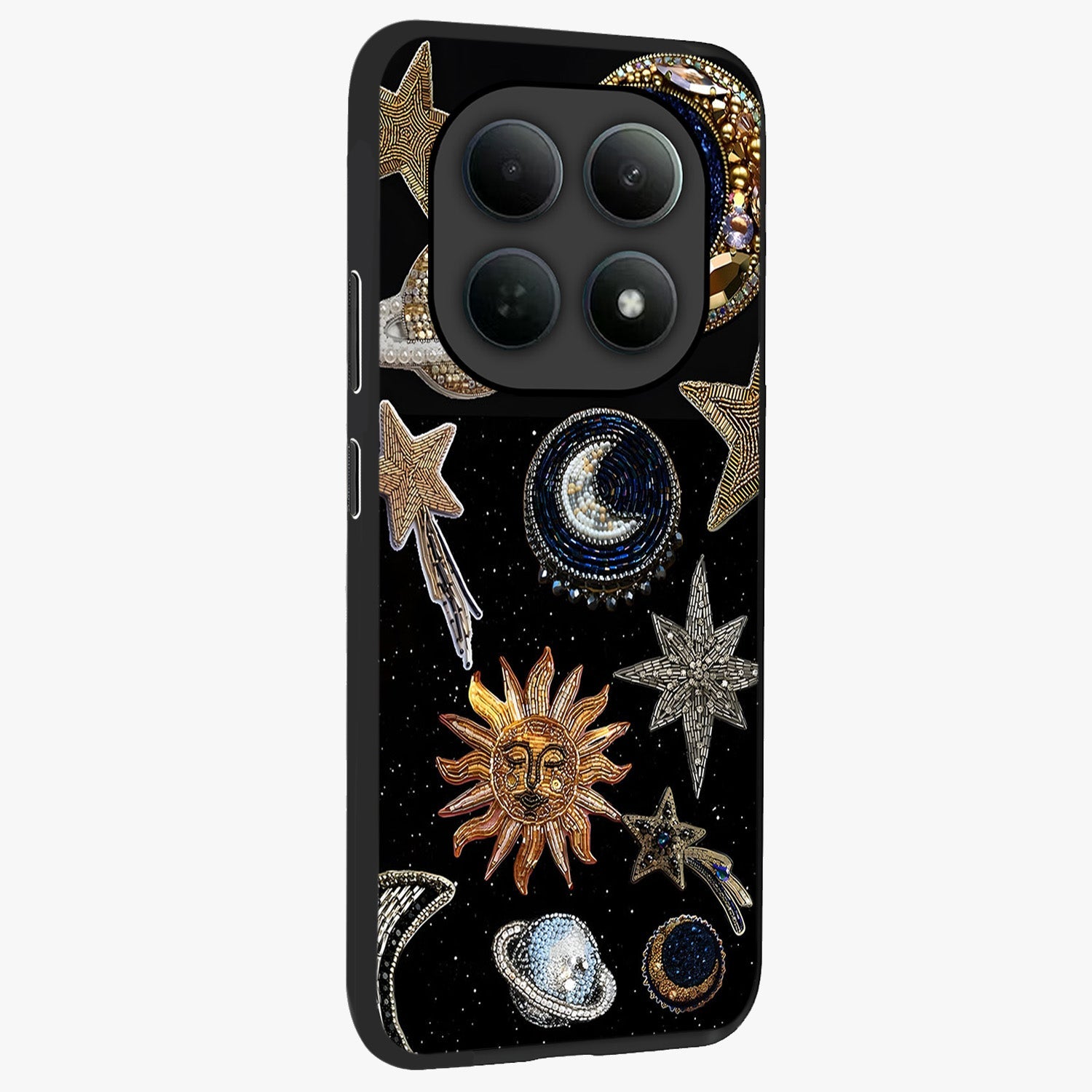 Celestial Gem Constellations Glass Case upright view showcasing cosmic constellation artwork with celestial aesthetic style.