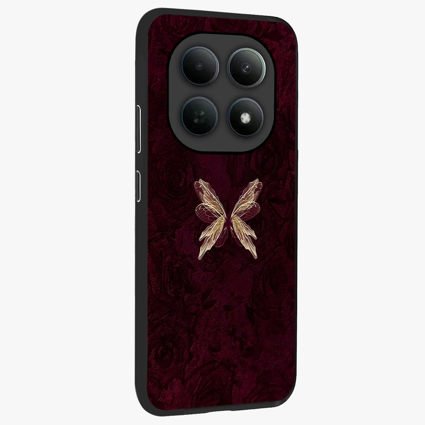 Crimson Fade Butterfly Glass Case upright view showcasing graceful butterfly artwork with soft crimson fade effect.