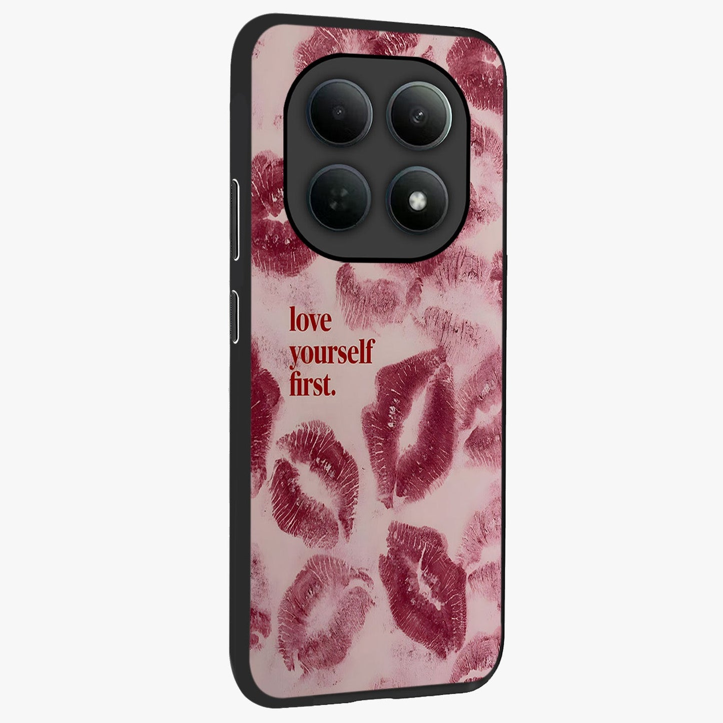 Crimson Kiss Love Glass Case upright view showcasing expressive romantic artwork with deep crimson theme.
