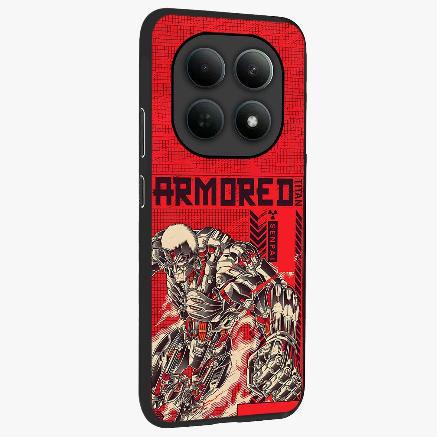 Crimson Mecha Titan Glass Case upright view showcasing dynamic robotic titan design with sci-fi inspired theme.