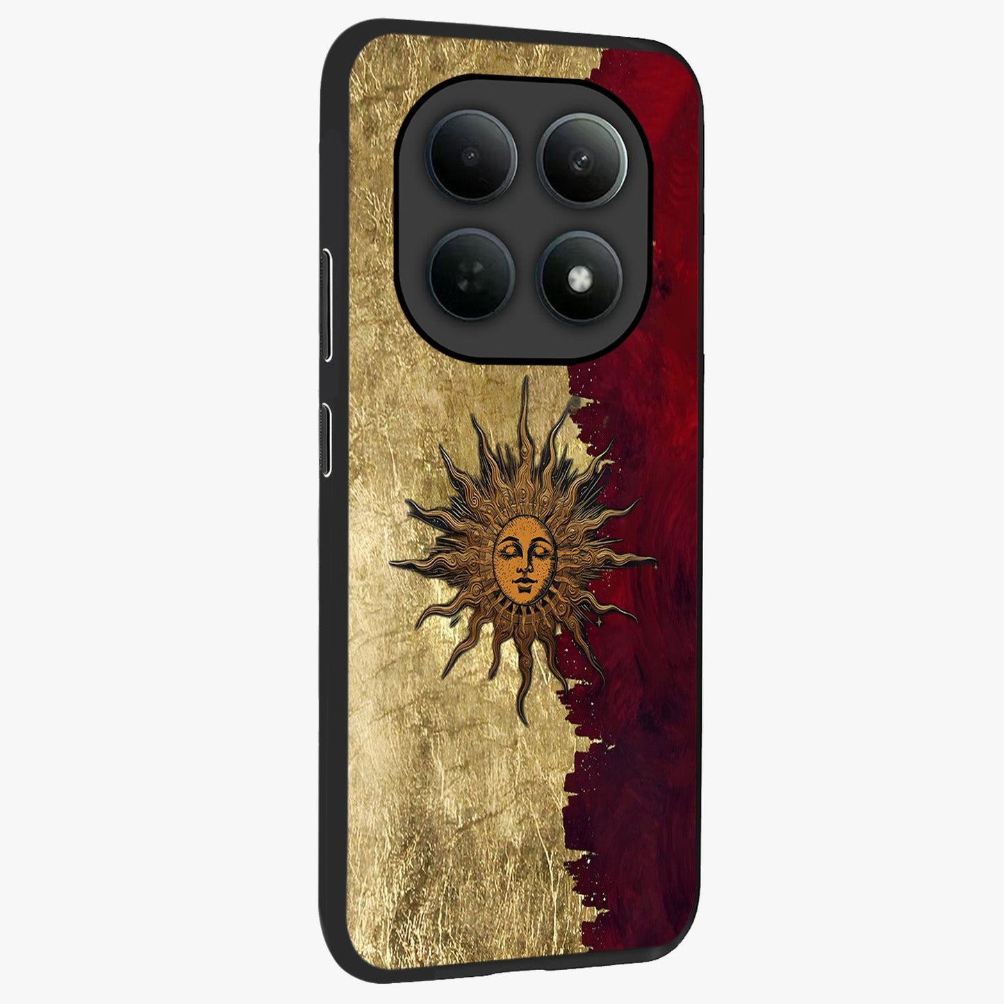 Crimson Sun Majesty Glass Case upright view showcasing vibrant sun artwork with powerful celestial theme.
