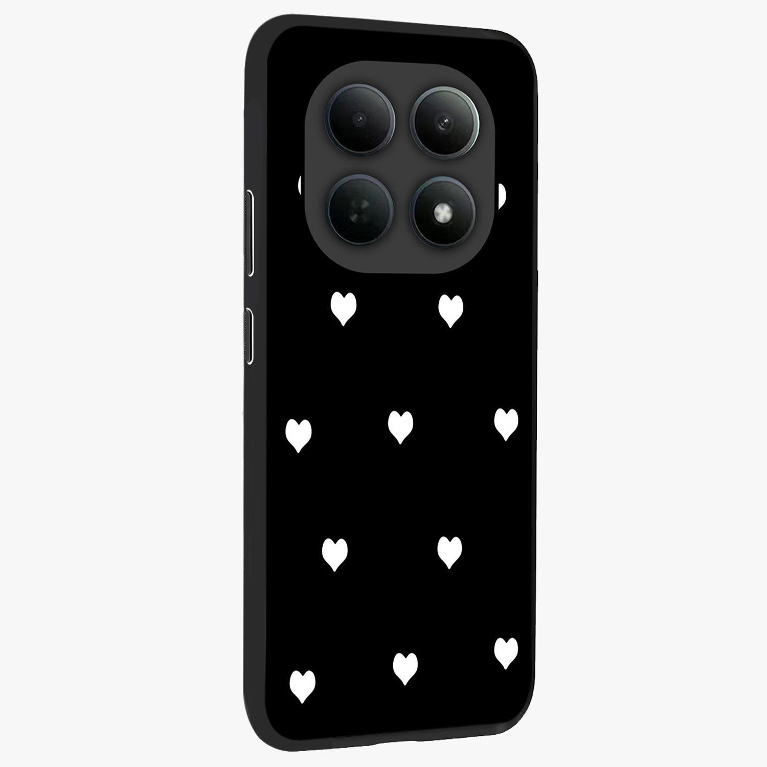 Cute And Simple White Hearts Glass Case upright view showcasing simple white hearts artwork with soft minimal theme.