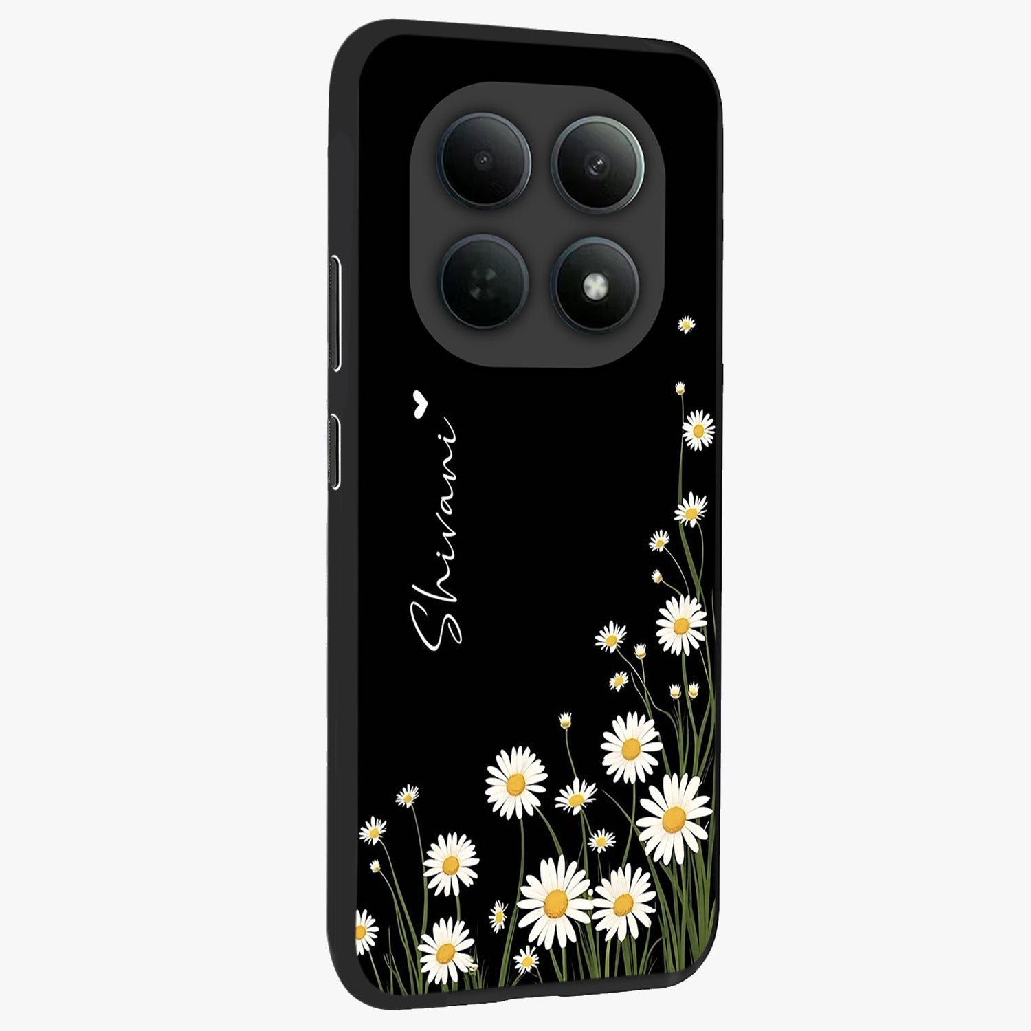 Daisy Cascade Custom Name Glass Case upright view showcasing elegant floral cascade design with personalized aesthetic.