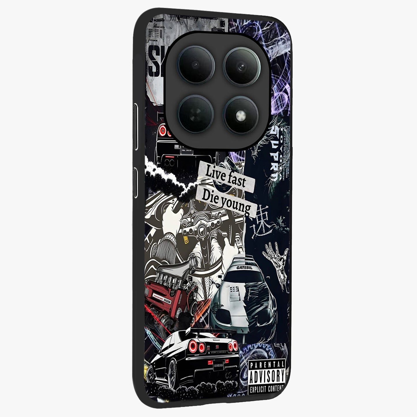 Die Young Glass Case upright view showcasing striking typography artwork with modern statement theme.